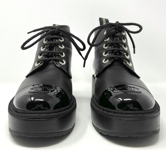Chanel Black Leather Cap-Toe Platform Boots with Pearl Eyelets – Size 41.5 - Picture 4 of 11